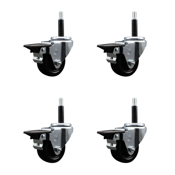 3'' Hard Rubber Swivel 3/4'' Expanding Stem Caster Set with Brake, 4PK
